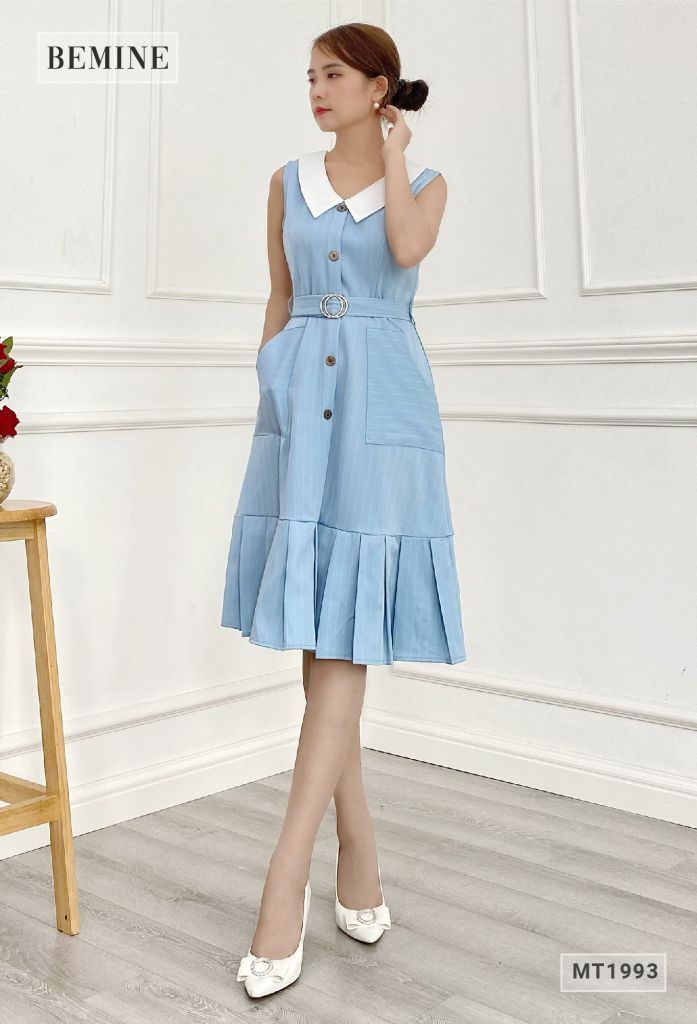 MT1993BIEN - Đầm cổ phối trắng khoen eo xếp ly tùng