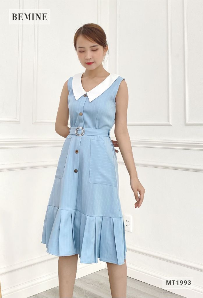 MT1993BIEN - Đầm cổ phối trắng khoen eo xếp ly tùng