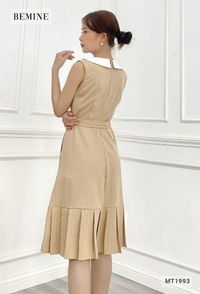 MT1993DA - Đầm cổ phối trắng khoen eo xếp ly tùng