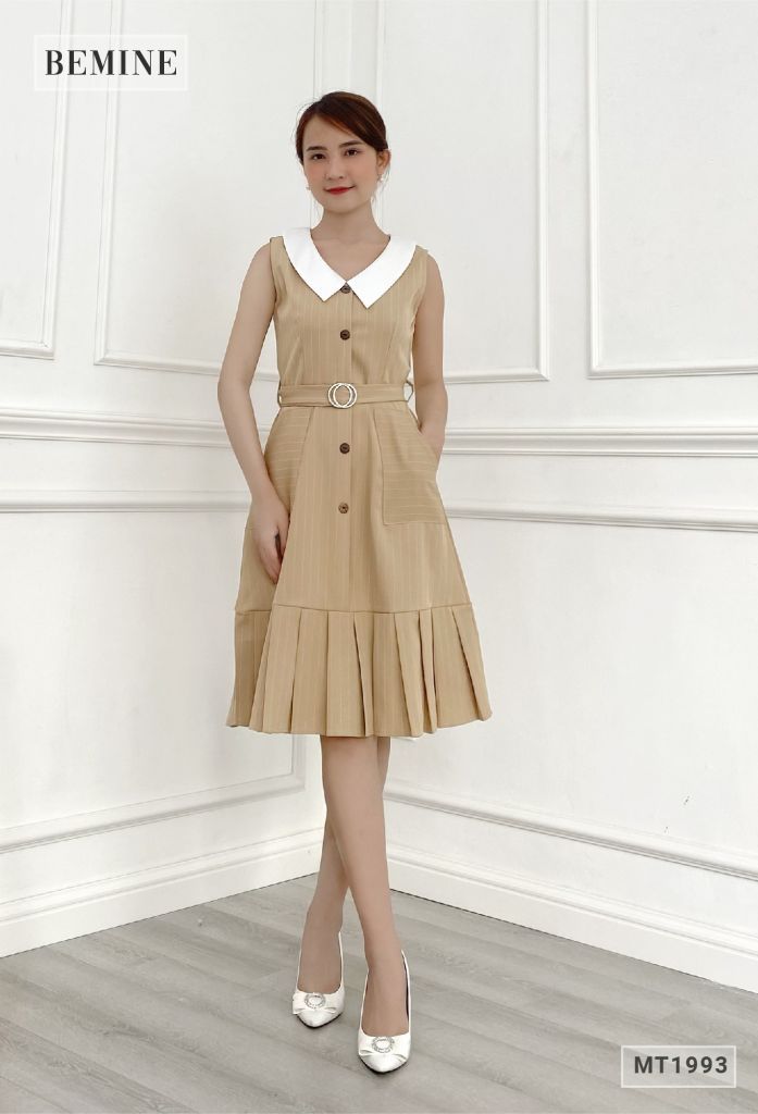 MT1993DA - Đầm cổ phối trắng khoen eo xếp ly tùng