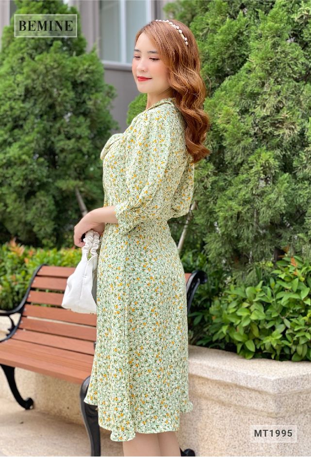 MT1995XANHLA - Đầm tay dài cổ thắt nơ tùng xòe