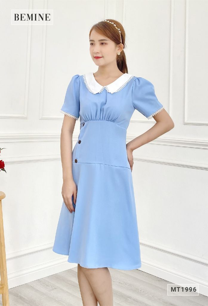 MT1996XANH - Đầm cổ phối ren nút eo