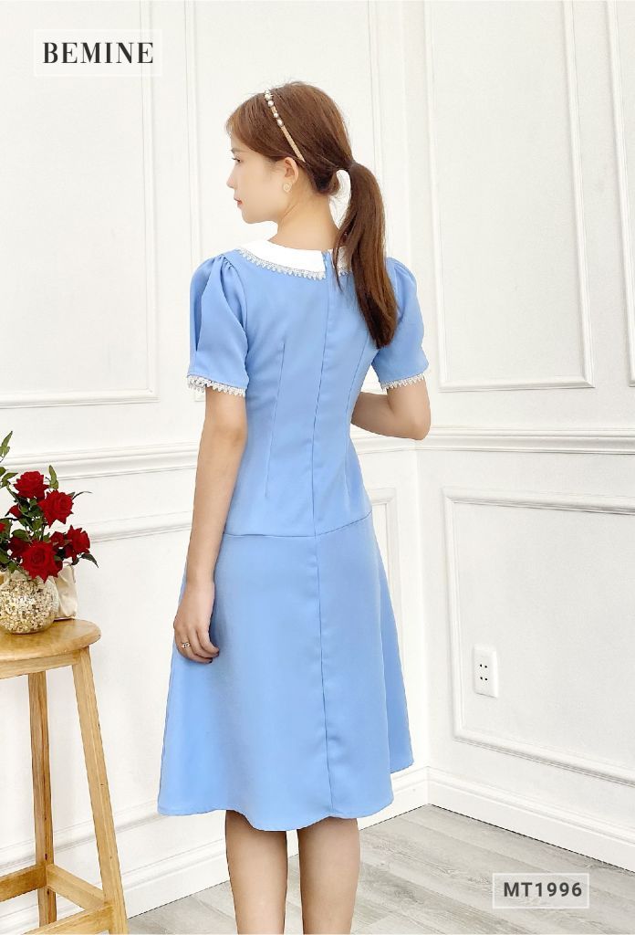 MT1996XANH - Đầm cổ phối ren nút eo