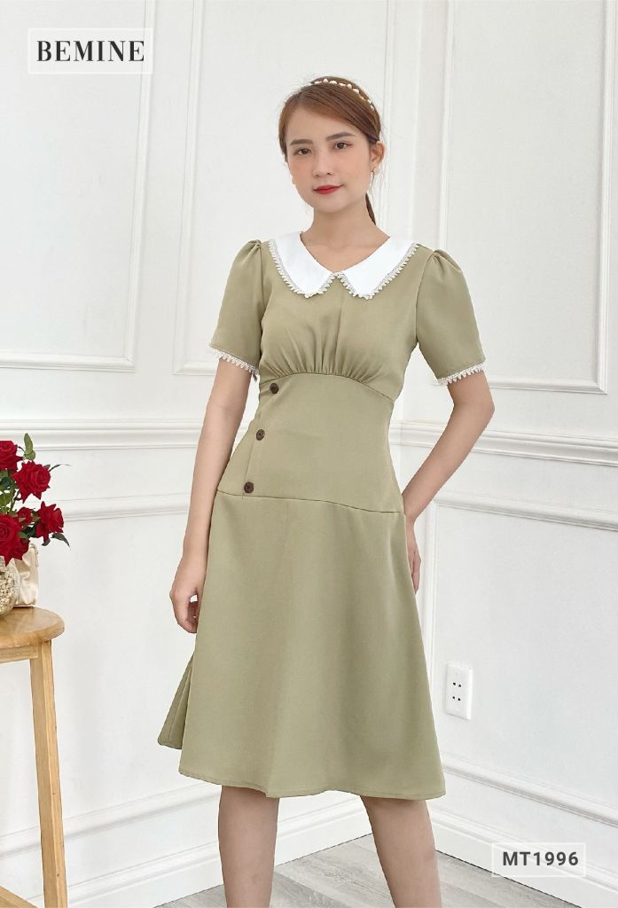 MT1996XANHĐAU - Đầm cổ phối ren nút eo