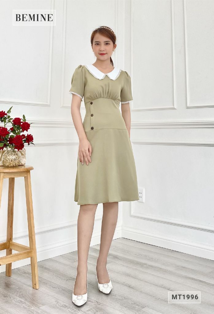 MT1996XANHĐAU - Đầm cổ phối ren nút eo