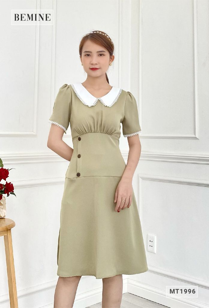 MT1996XANHĐAU - Đầm cổ phối ren nút eo