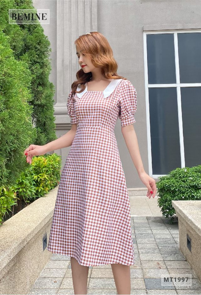 MT1997VANG - Đầm caro phối cổ sơ mi trắng