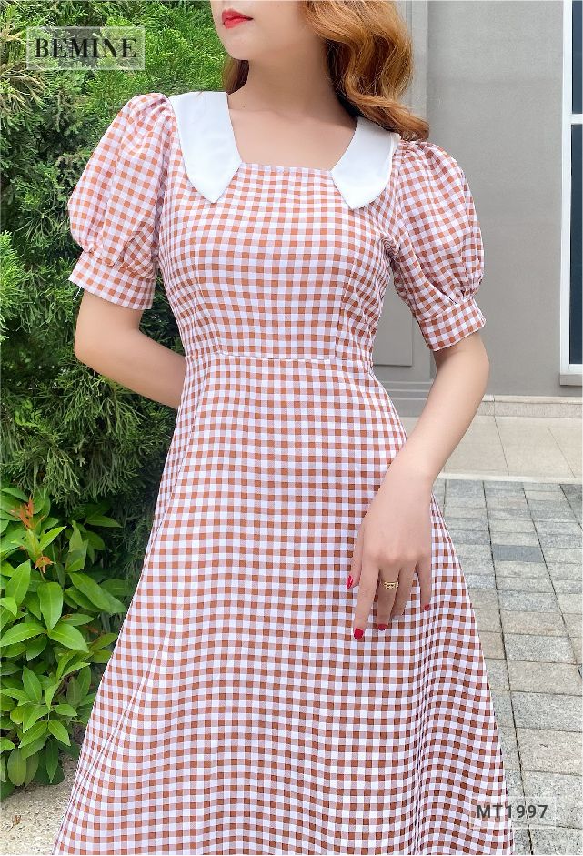 MT1997VANG - Đầm caro phối cổ sơ mi trắng