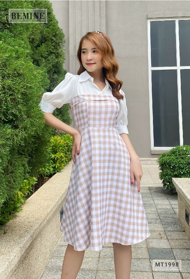 MT1998DA - Đầm caro tay phồng phối trắng