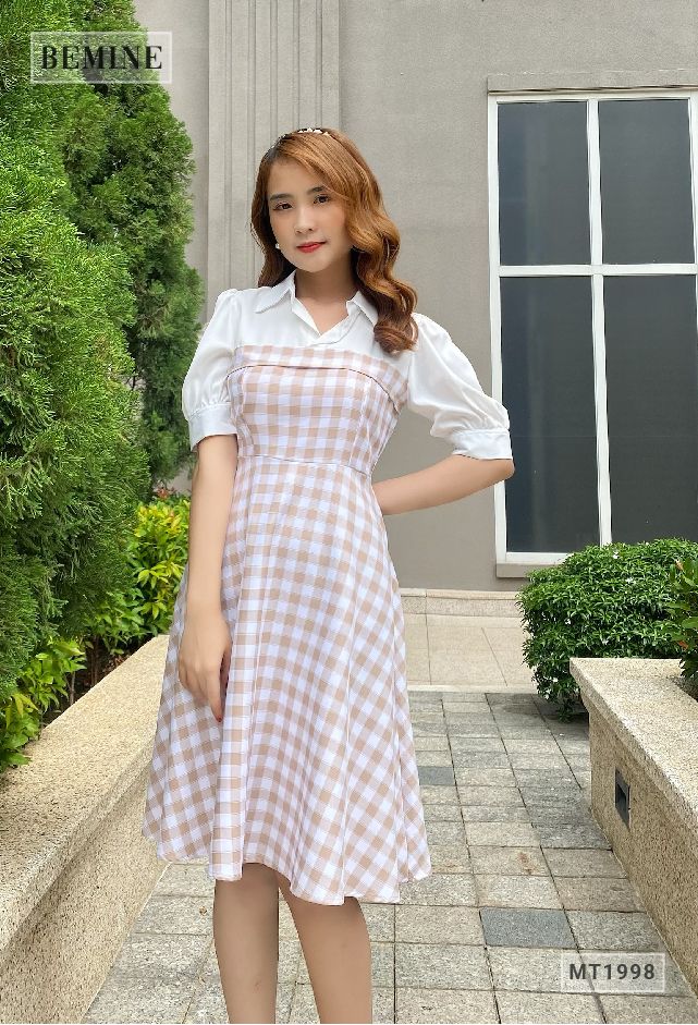 MT1998DA - Đầm caro tay phồng phối trắng