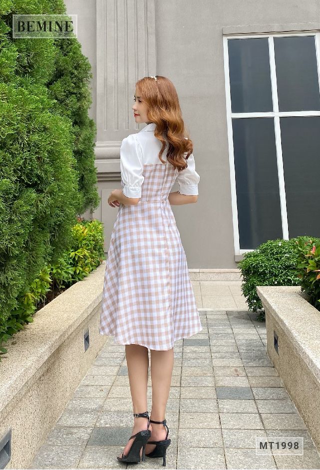MT1998DA - Đầm caro tay phồng phối trắng