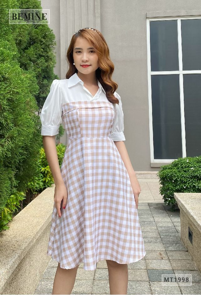 MT1998DA - Đầm caro tay phồng phối trắng