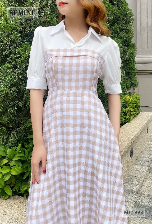 MT1998DA - Đầm caro tay phồng phối trắng