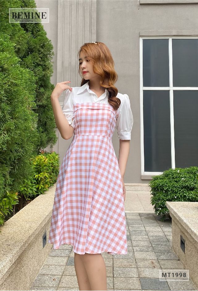 MT1998HONG - Đầm caro tay phồng phối trắng