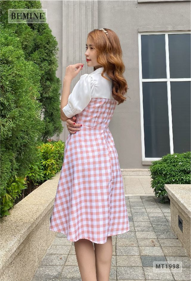 MT1998HONG - Đầm caro tay phồng phối trắng