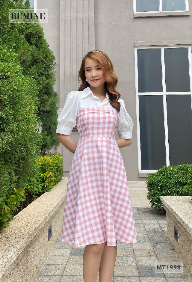 MT1998HONG - Đầm caro tay phồng phối trắng