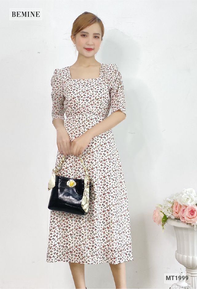 MT1999TRANG - Đầm voan dài tay nhún dây eo