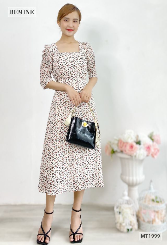 MT1999TRANG - Đầm voan dài tay nhún dây eo