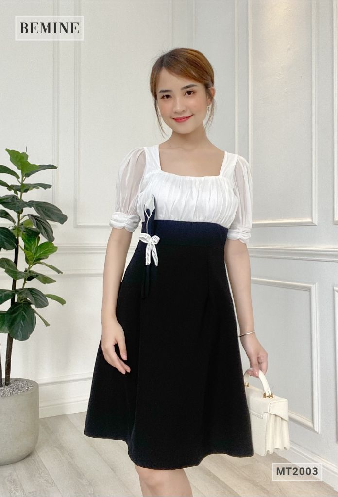 MT2003ĐEN - Đầm đen phối trắng cổ vuông