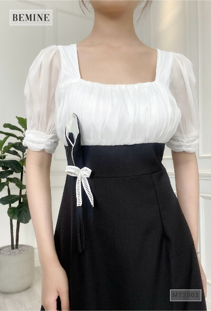 MT2003ĐEN - Đầm đen phối trắng cổ vuông