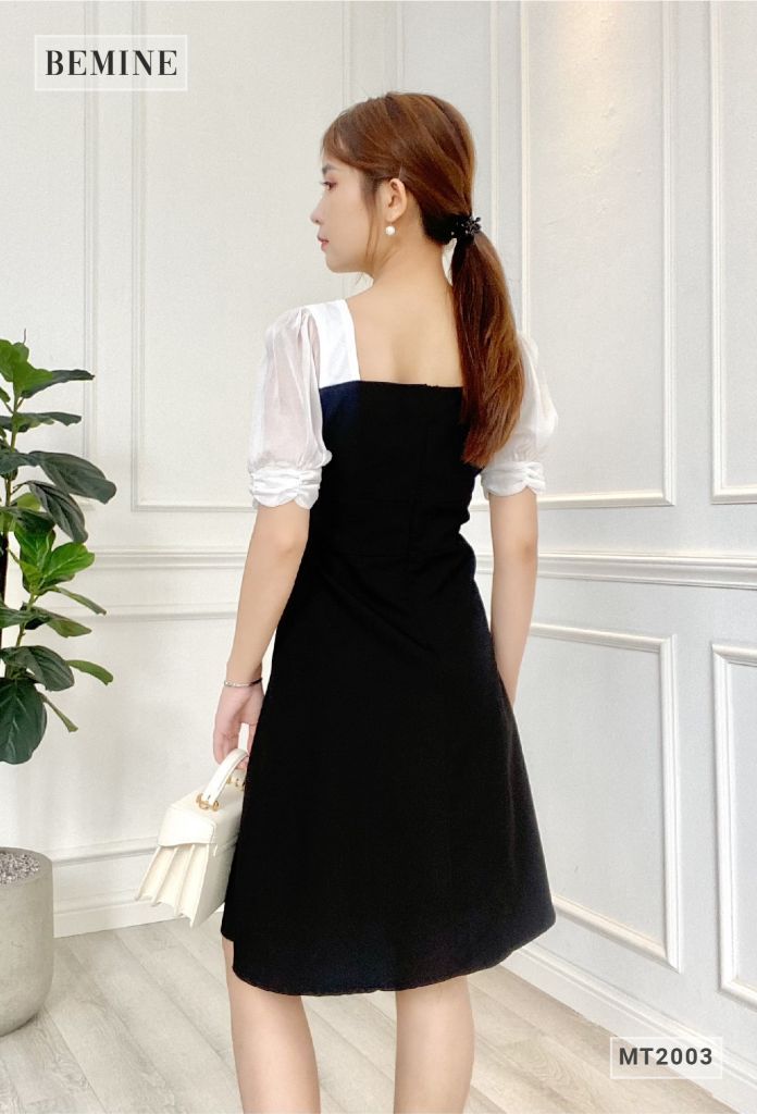 MT2003ĐEN - Đầm đen phối trắng cổ vuông