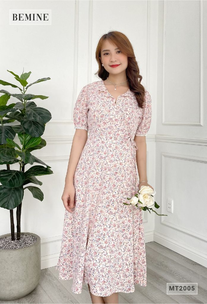 MT2005HONG - Đầm cổ bèo ngực chéo cột eo