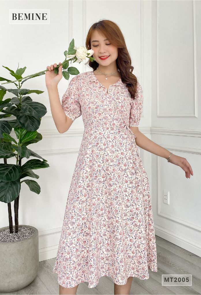 MT2005HONG - Đầm cổ bèo ngực chéo cột eo