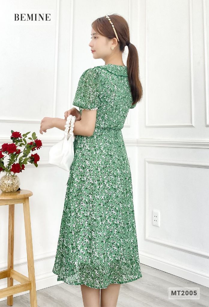 MT2005XANH - Đầm cổ bèo ngực chéo cột eo