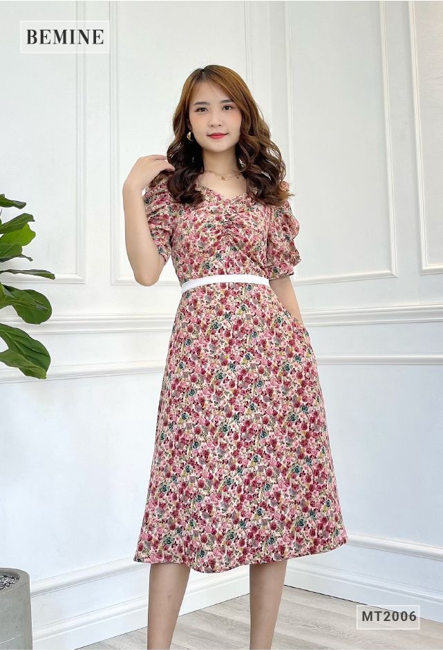 MT2006HONG - Đầm bông nhún ngực dây phối cột eo