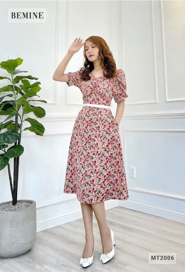 MT2006HONG - Đầm bông nhún ngực dây phối cột eo