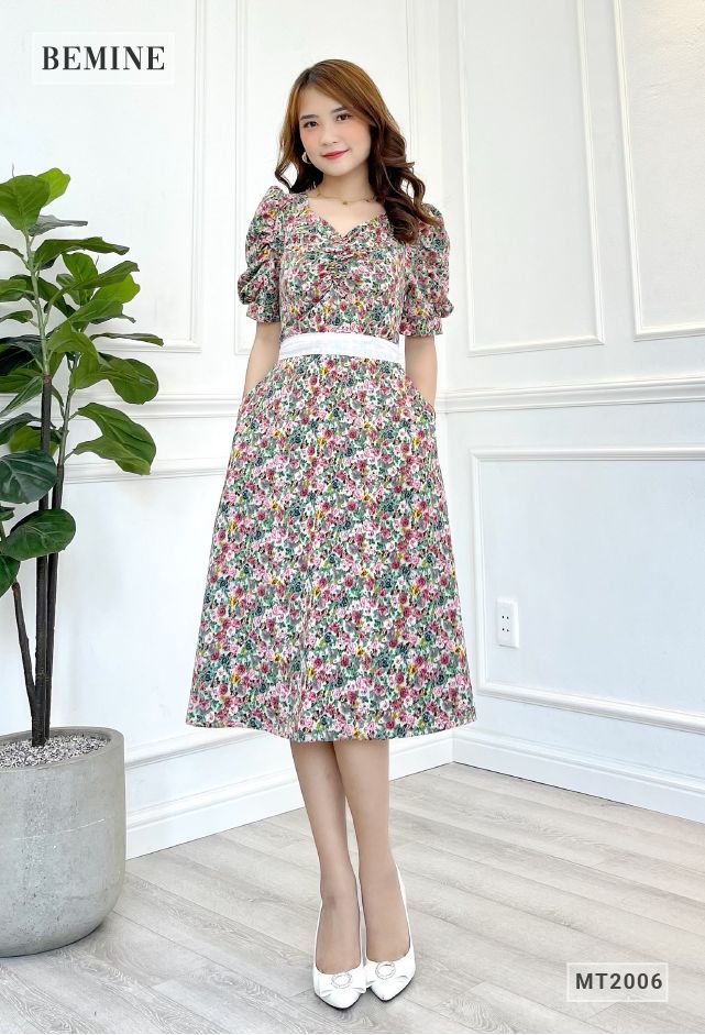 MT2006XANH - Đầm bông nhún ngực dây phối cột eo