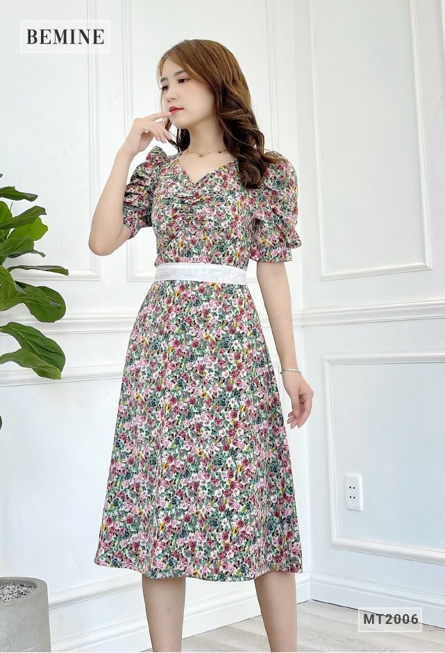 MT2006XANH - Đầm bông nhún ngực dây phối cột eo