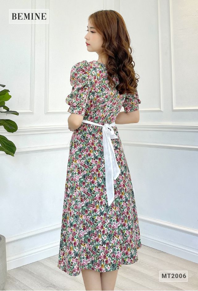 MT2006XANH - Đầm bông nhún ngực dây phối cột eo