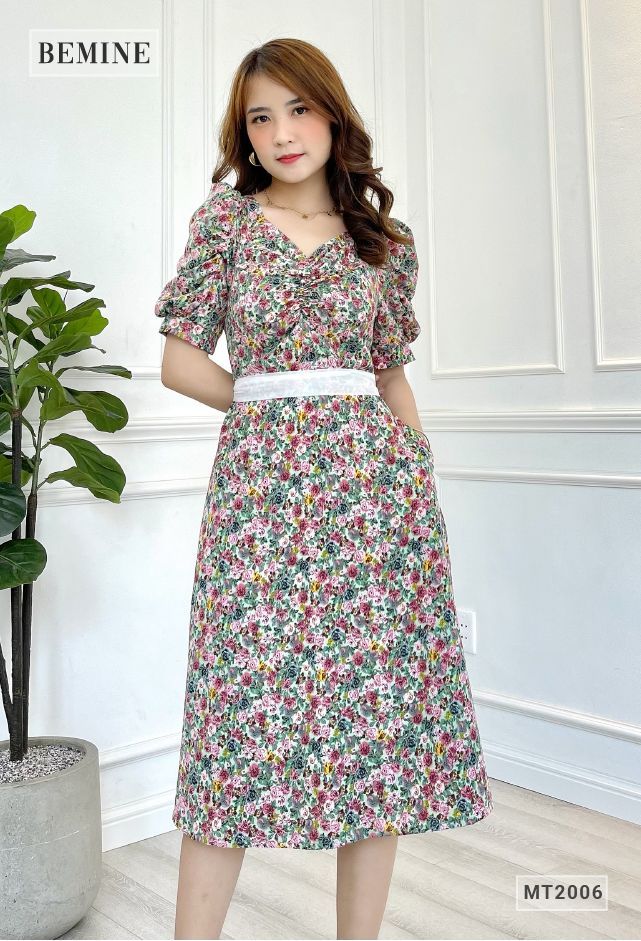 MT2006XANH - Đầm bông nhún ngực dây phối cột eo
