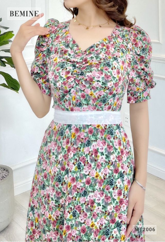 MT2006XANH - Đầm bông nhún ngực dây phối cột eo