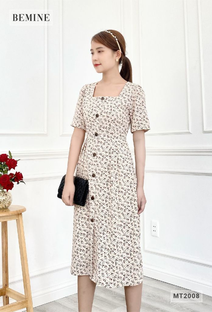MT2008KEM - Đầm hoa cổ vuông nẹp nút