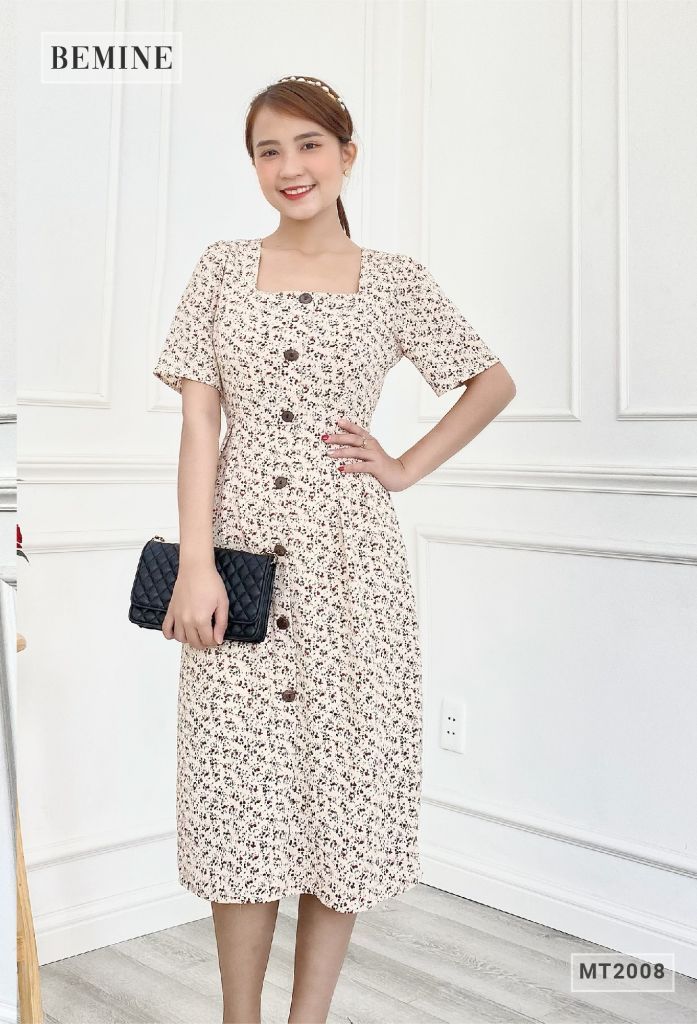 MT2008KEM - Đầm hoa cổ vuông nẹp nút