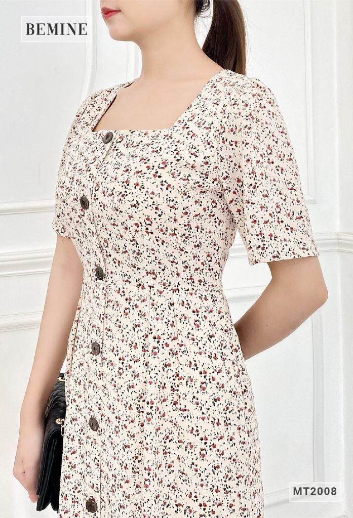 MT2008KEM - Đầm hoa cổ vuông nẹp nút
