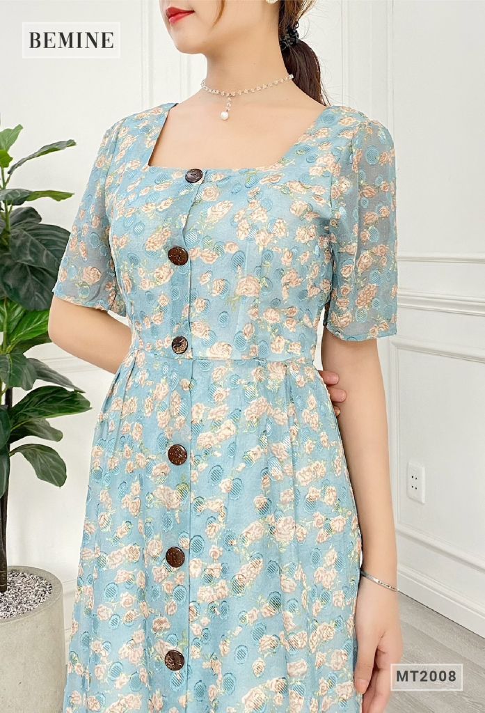 MT2008XANH - Đầm hoa cổ vuông nẹp nút