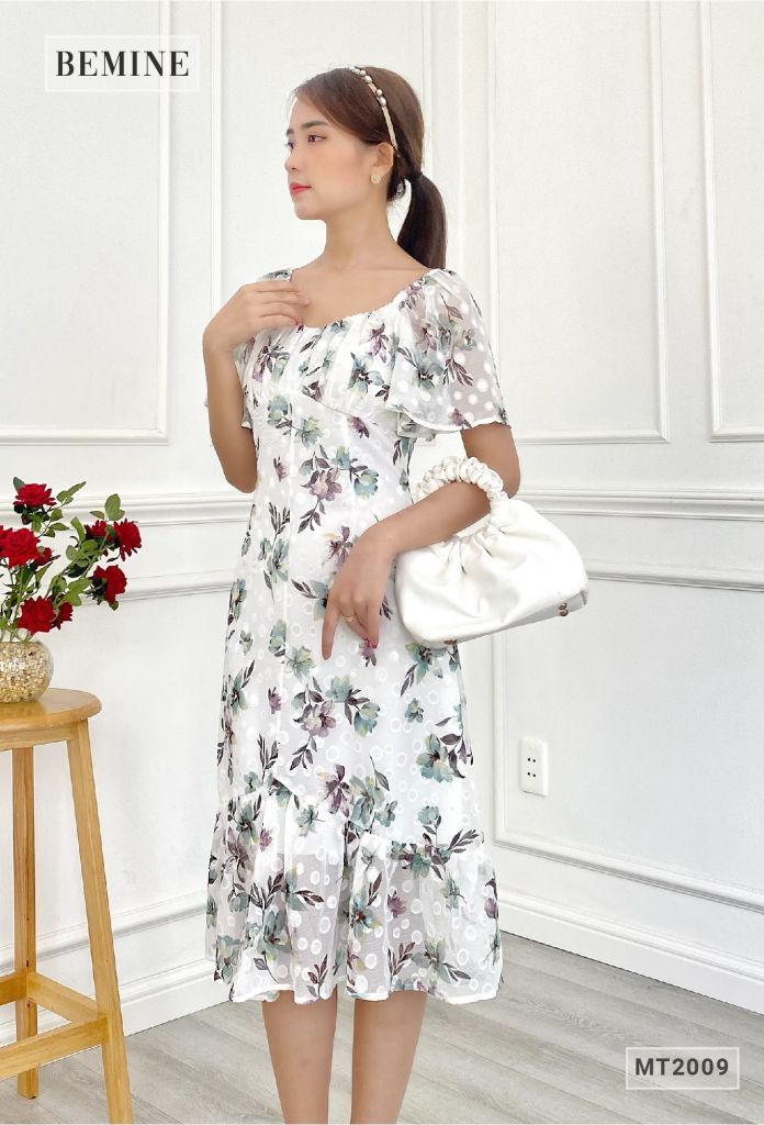 MT2009XANH - Đầm hoa ly ngực tùng đuôi cá