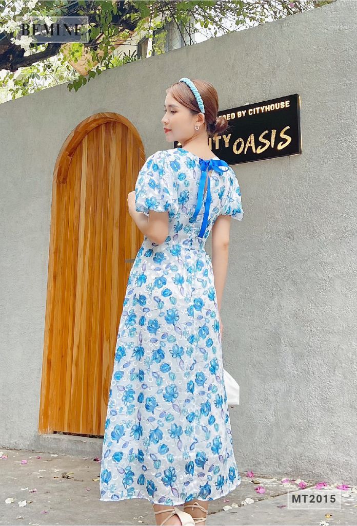 MT2015TRANG - Đầm bông tay phồng dáng dài