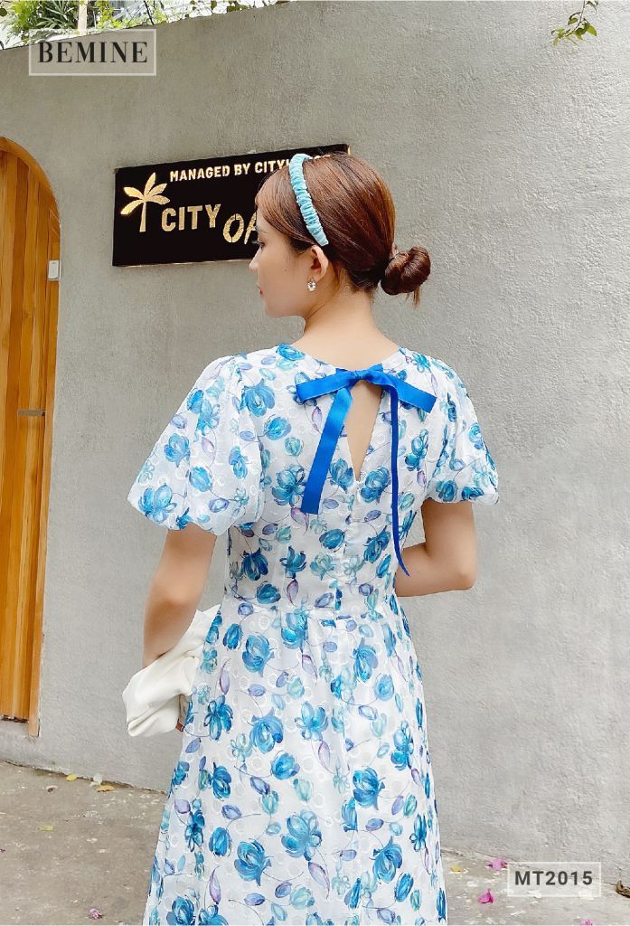 MT2015TRANG - Đầm bông tay phồng dáng dài