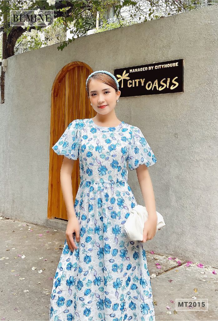 MT2015TRANG - Đầm bông tay phồng dáng dài