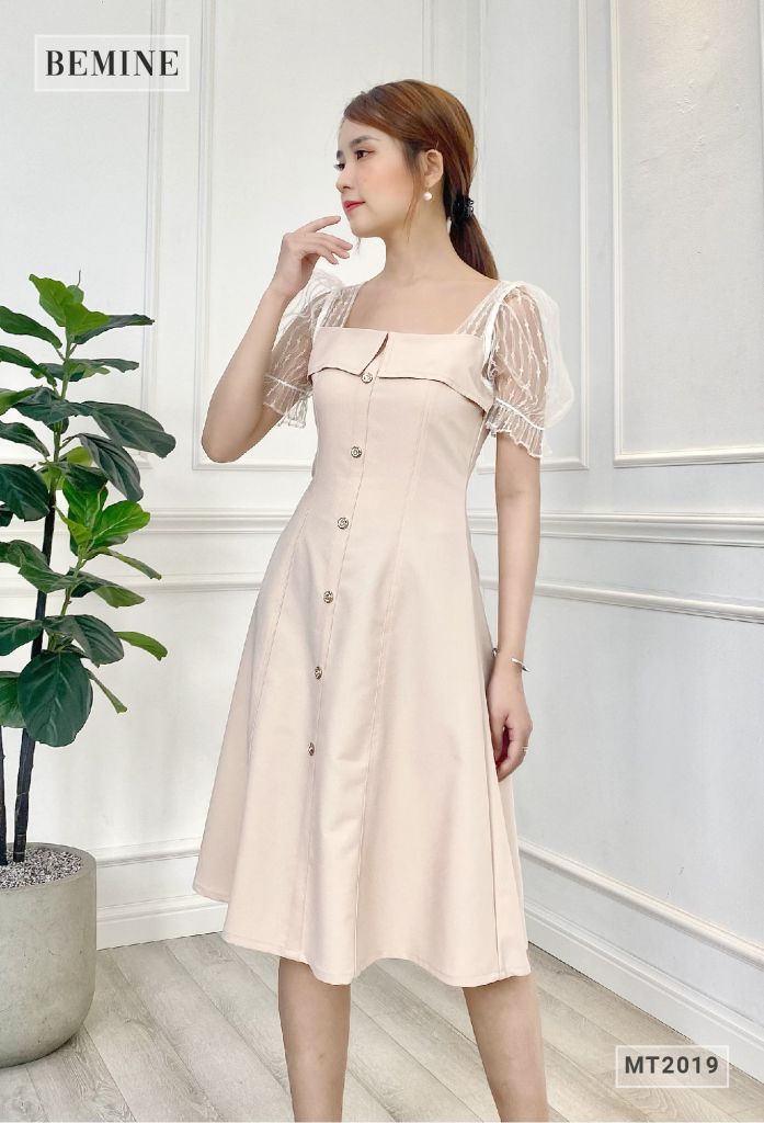 MT2019DA - Đầm chỉ nổi đáp ngực phối lưới