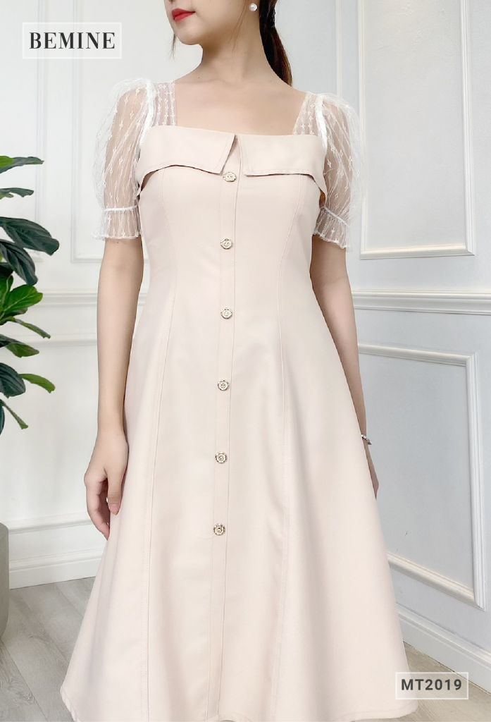 MT2019DA - Đầm chỉ nổi đáp ngực phối lưới