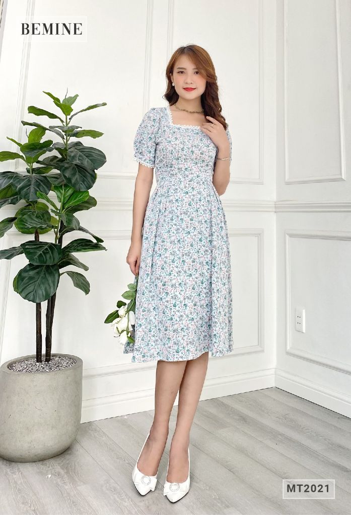 MT2021XANH - Đầm hoa cổ vuông phối ren