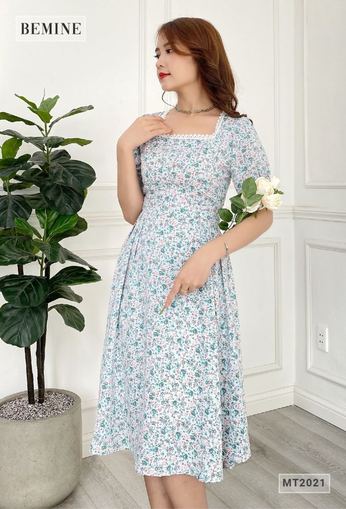 MT2021XANH - Đầm hoa cổ vuông phối ren