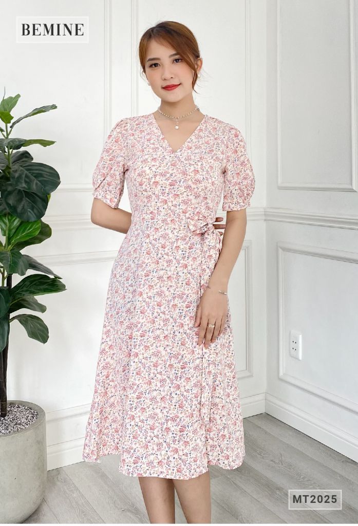 MT2025HONG - Đầm cổ chéo cột eo