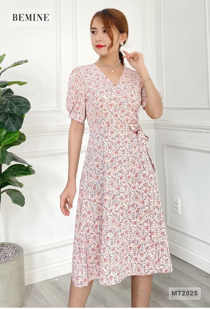 MT2025HONG - Đầm cổ chéo cột eo