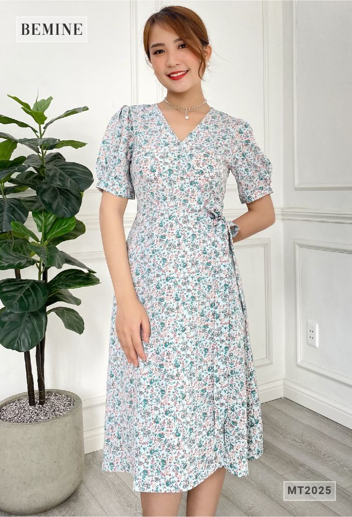 MT2025XANH - Đầm cổ chéo cột eo